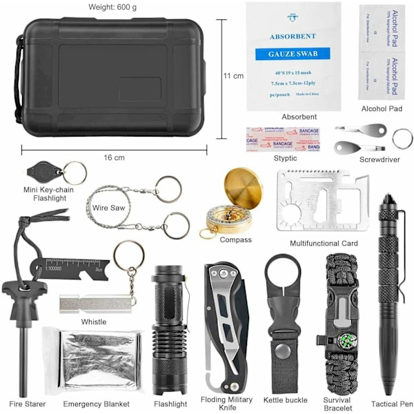 Överlevnadskit 19 delar - Kompass, tändstål, kniv, lampa m.m. black 630