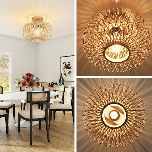 Vintage Bambu Taklampa - Retro Bambu Trä Lampskärm Taklampa E27 Lamphållare Boho Rottinglampa Ø30cm Hängande Lampa-XM4-