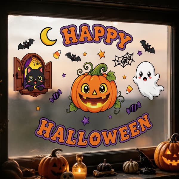 Halloween-ikkunatarrat, kurpitsa-aave musta kissa hämähäkinseitti-tarrat
