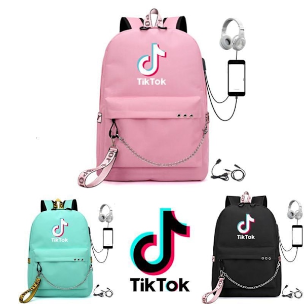 3 farger TIK-Tok Ryggsekk vanntett skoleveske USB Hodetelefonuttak Rosa Rosa Pink