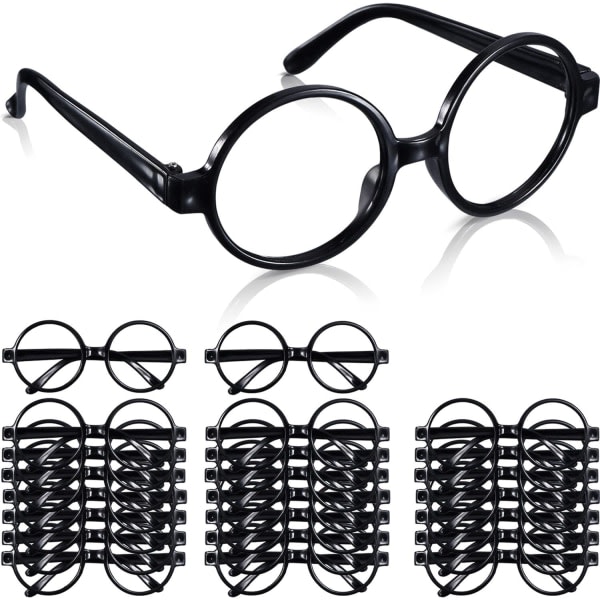 Trollkarlglasögon i plast Svarta runda glassögonbågar Inga linser Trollkarl-nördglasögon for Halloween-kostymer til festtillbehör (24 forpackningar)