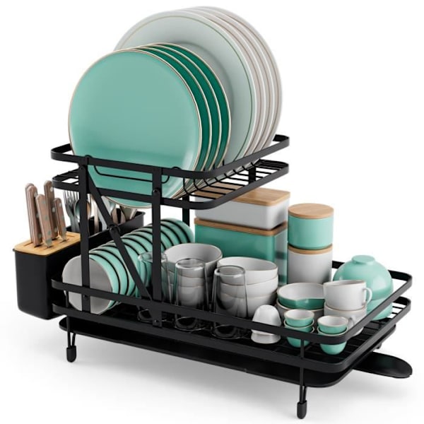 COSTWAY 2-Tier Folding Dish Drying Rack with Removable Drain Board 56x31x30 cm for Countertop or Sink