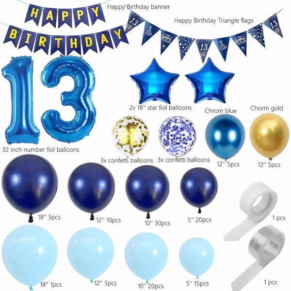 13-årsdekorationer i blått med ballonger och krans