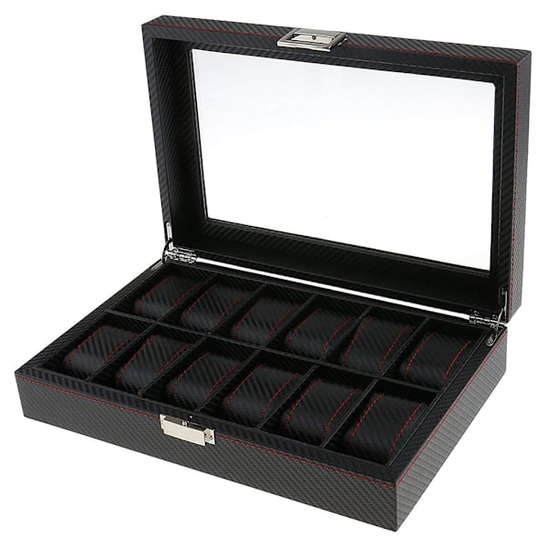 12-klockors klockbox - Lyxmodell i svart kolfiber med röda sömmar 1735
