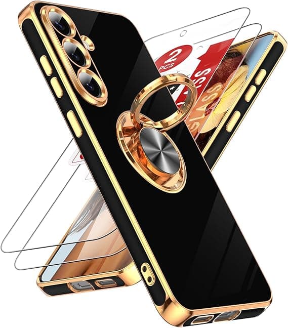 LeYi for Samsung Galaxy S25 FE Case, 2-Pack Screen Protector, 360° Rotatable Ring Holder, Magnetic Stand, Rose Gold Edge, Black Black