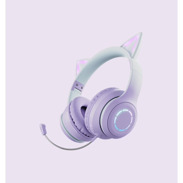 LED Light Up Cat Ear Gaming-hovedtelefoner, trådløse foldbare hovedtelefoner med mikrofon - lilla lilla
