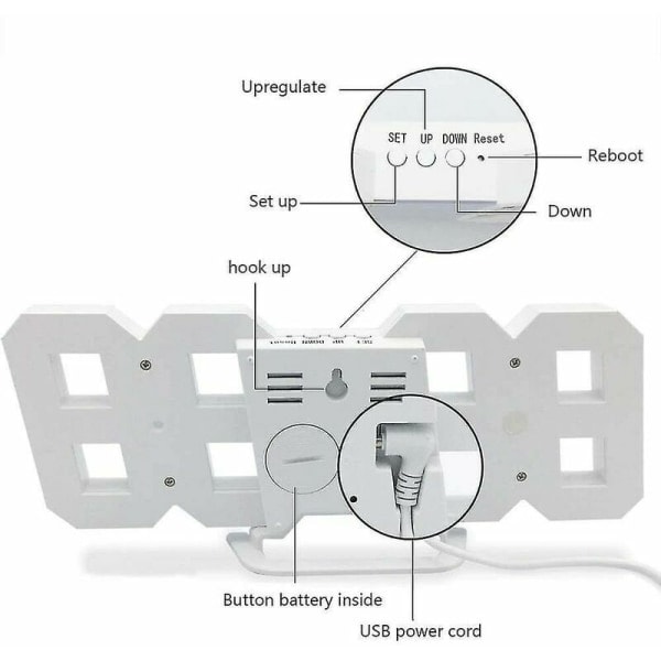 Stor 3D LED Digital Veggklokke