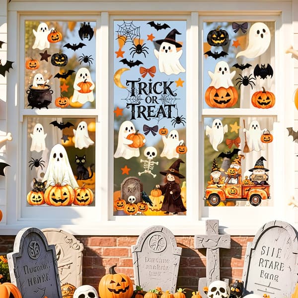 Halloween statisk klæbende vinduesmærkater, spøgelse græskar heks PVC-mærkater, 4 ark