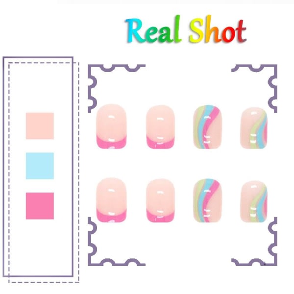 24 stk Short Square Rainbow Press On Nails - Colorful Rainbow Swirl French Tips False Nails/Glossy Rainbow False Nails (Rainbow)