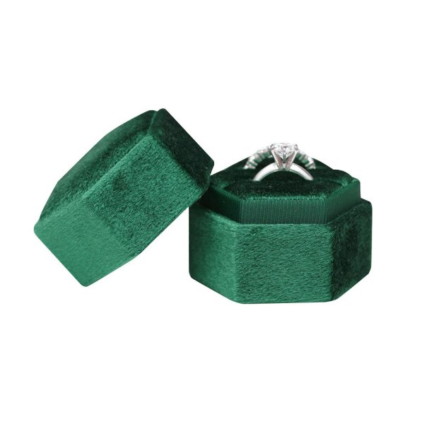 Hexagon Velvet Double Slots Ring Arvestykker Box Forlovelsesring Box Forslag Box Ring Display Holder (Mørk Emerald)