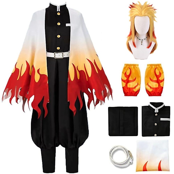 Demon Slayer Rengoku Kyoujurou Cosplay-asu, Halloween-juhlat, Anime-asu, Esittäjä - Täydellinen asu peruukilla Outfits with Wig 2XL