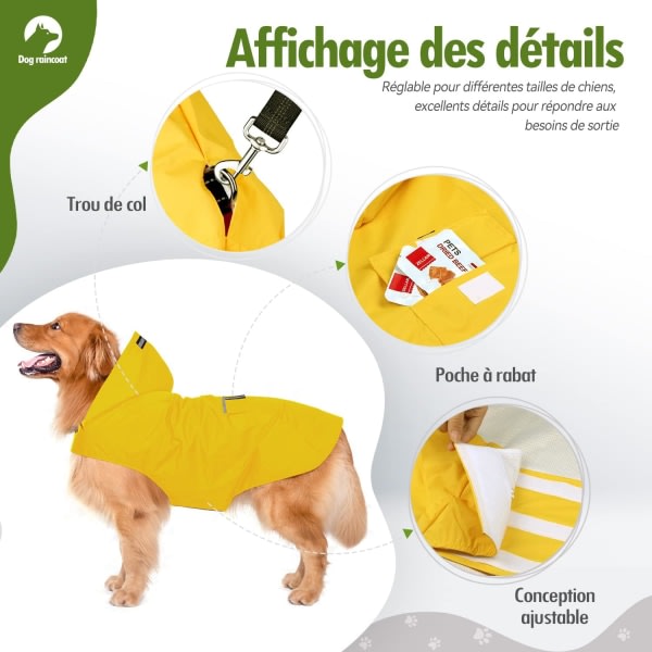 Hundregnjacka med huva, 100 % vattentät ultralätt och ventilerad hundregnjacka med reflekterande remsor för medelstora till stora hundar (5XL, gul)