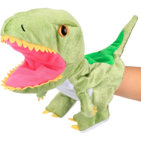 Dinosauriehanddocka plysch med aktiv mun för rollspel Berättande låtsas Födelsedagspresent för barn Pojkar Flickor Ljusgrön 11"