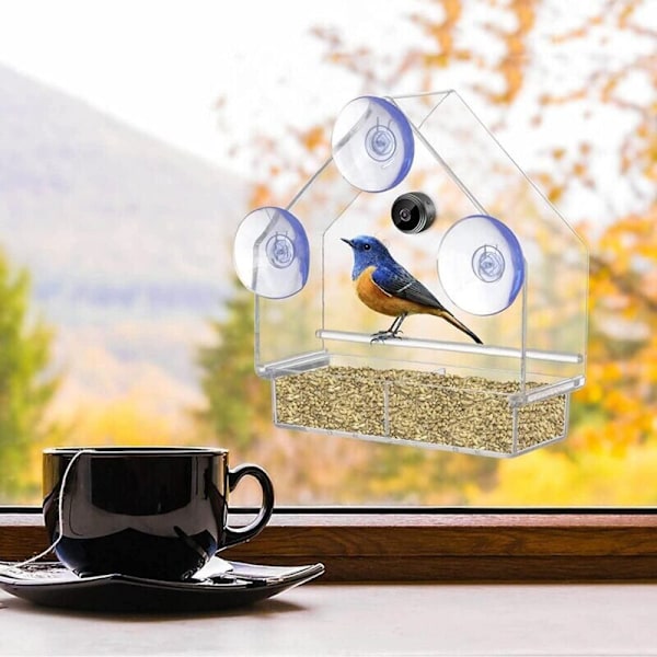 Fuglefoderautomat med udendørs kamera, fuglehus med 720P kamera natversion WiFi-kamera, sort