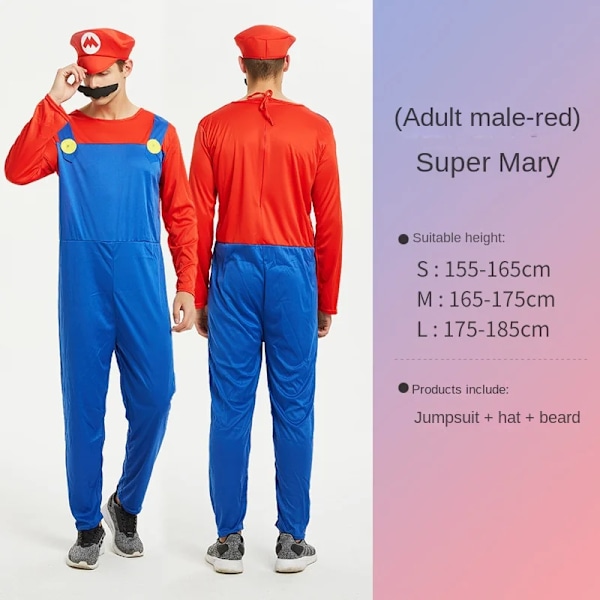 Mub- R583 Børne Mario Tøj Super Mario Kostumer Halloween Cosplay Anime Kostume Forældre-barn Rollespil Kostume Mario Voksen Mænd Rød S Mario adult men Red