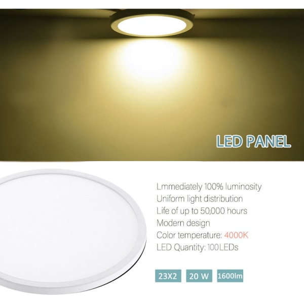 Neutraali valkoinen LED-kattovalaisin 4000-4500K 20W,LED-kattovalaisin