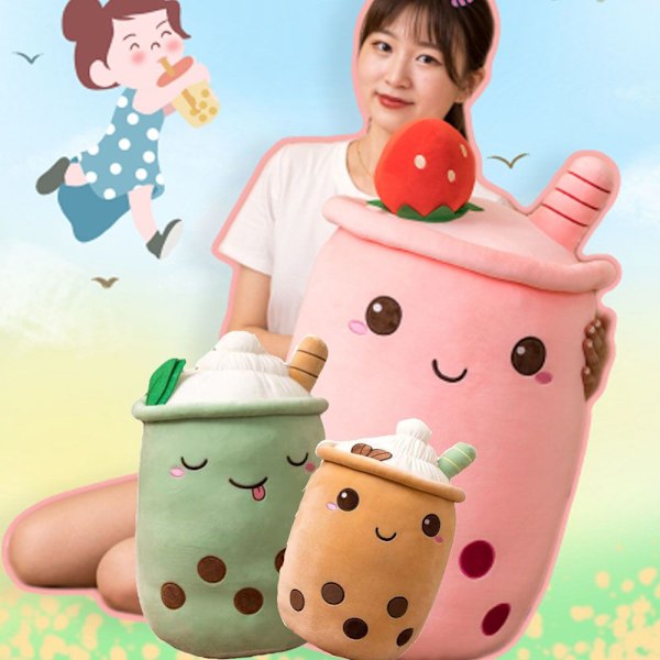 Mjuk Fylld Plyschkudde Bubble Tea Boba Cup Mönster GRÖN 35CM grön green 35cm