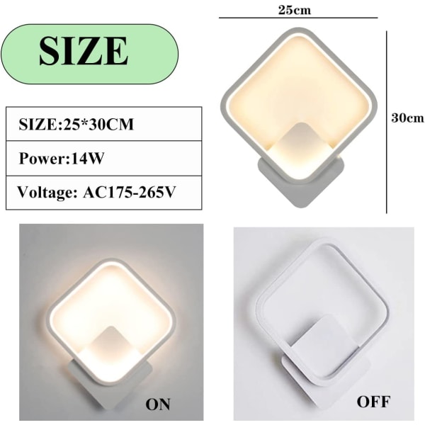 LED innvendig vegglampe, hvit firkantet designer vegglampe, varm