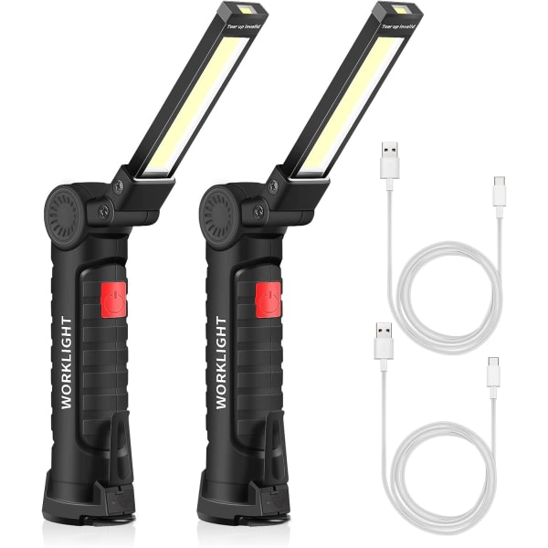 USB oppladbar lommelykt LED lommelykt arbeidslys Bærbar magnetisk hengende krok for utendørs camping reparasjonslys (2 stk liten)