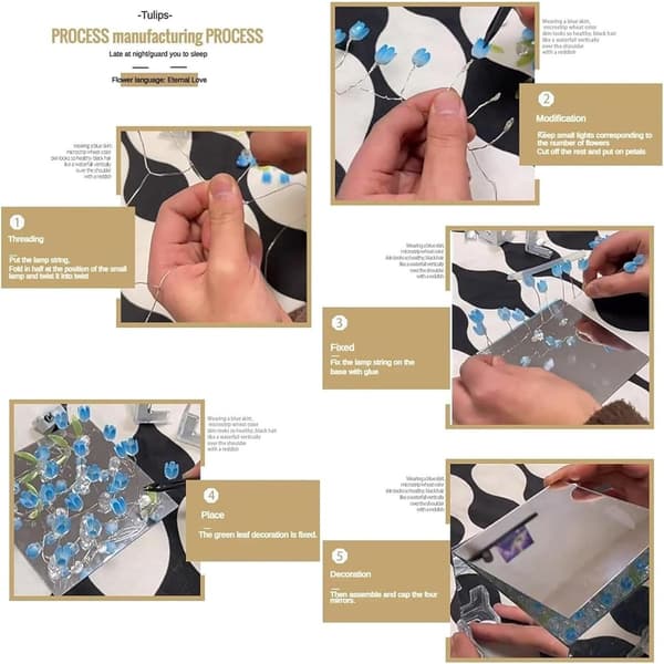 DIY Tulip Natlampe USB LED Bordlampe 20 Lyserøde Blomster Glas Spejl Design