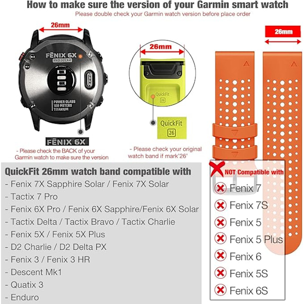 Quickfit 26mm Silikon Sport Armband Vattentät Andningsbar för Garmin Fenix 5X Plus, Fenix 6X Pro/Sapphire, Enduro, Tactix Bravo