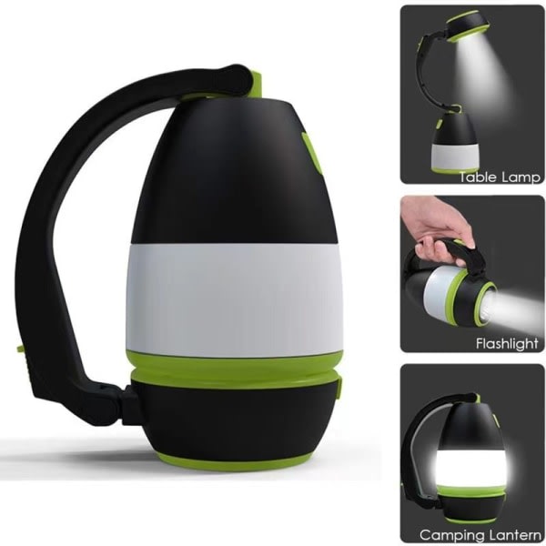 Oppladbar campinglampe 3-i-1 bordlampe Lanterne Campingteltlommelykt Deformerbar arbeidslys med 2000mAh batteri LED utendørs innendørs