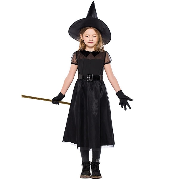 4-9 år jenter Halloween heksekostyme Cosplay lue antrekkssett svart 8-9 år