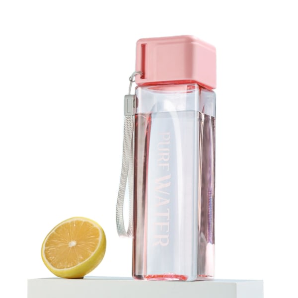Sportvattenflaska 500 ml, personlig rosa plast bärbar fyrkantig vattenflaska med lock, läckagesäker återanvändbar dryckesflaska