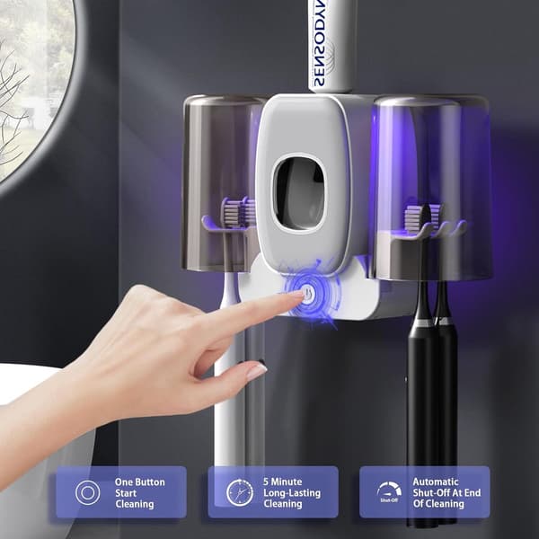 Tandbørsteholder med UV-sterilisator Vægmonteret Automatisk Tandpastadispenser Grå