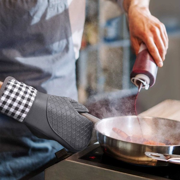 Ugnshandskar Värmebeständiga - Halkfria köksvantar i silikon för BBQ Matlagning Bakning Mikrovågshandskar med vattentät (svart)