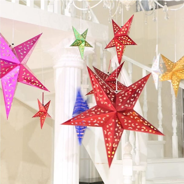 6 pakke 3D Pentagram papirlykter til jul, bryllup, fest