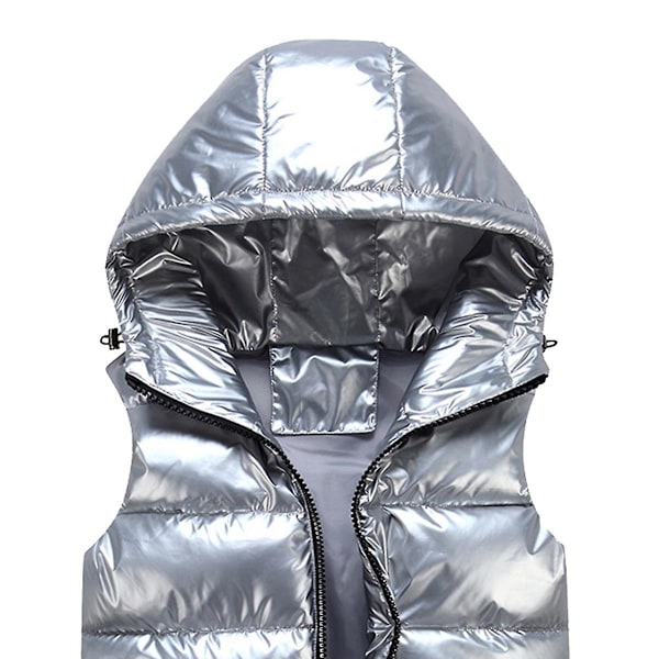 Sliktaa Unisex kiiltävä vedenpitävä hihaton takki untuvatakkihopea Silver L