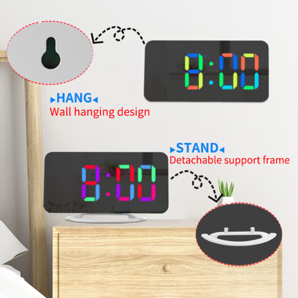 Digital vekkerklokke med speiloverflate, 3 lysstyrker, RGB-farger - FF-