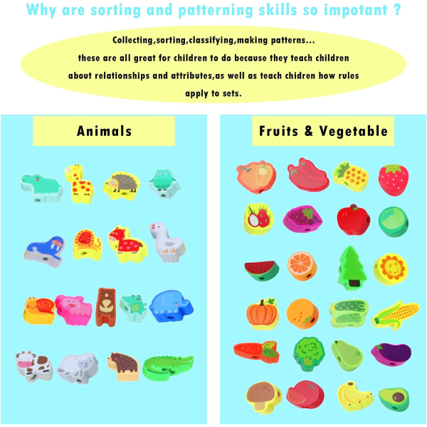 42-pack trä djurfrukt grønnsakspärl sett Montessori toddler förskola aktivitet bälte leksaker för småbarn 3 - 6 år gammel pojkar flickor