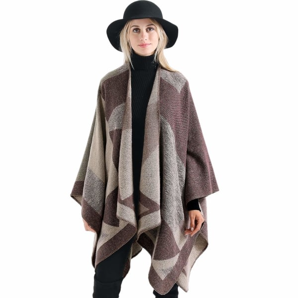 Vinter sjal Wrap Poncho Cape - Dame varm åben front trykt vendbart oversize tæppe cardigan efterår ulden spinning plaid sweater fleece tørklæde