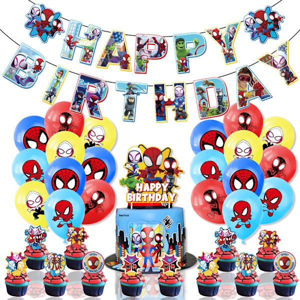 Spider-Man-tema födelsedagsfest dekorationer - Latexballonger Happy Birthday Banner Cake Toppers - Pojkens barn födelsedagsfest