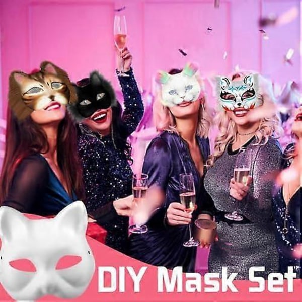 Kattinaamio turkiksella ja verkko-osalla, tyhjät paperinaamiot askarteluun, valkoiset maalauspaperinaamiot, kissanaamio DIY Halloween Mardi Gras -juhliin-XF1- Black-29pcs