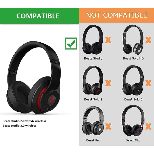 Öronkuddar, ersättningsbeskyttelse for ørekuddar som er kompatible med Beats Studio 2.0 Wireless Wired og Studio 3.0 Over-Ear-hørler B0500 B0501