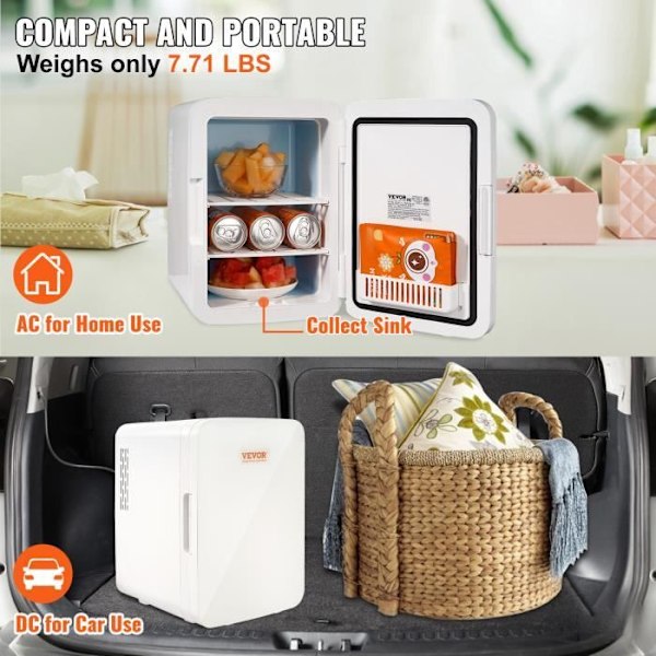 Minikylmälaite 10 L - VEVOR - 12 V DC/220 V AC Mini Kannettava Kosmetiikkakylmälaite - Lämmin ja Kylmä Kaksoistila - Valkoinen