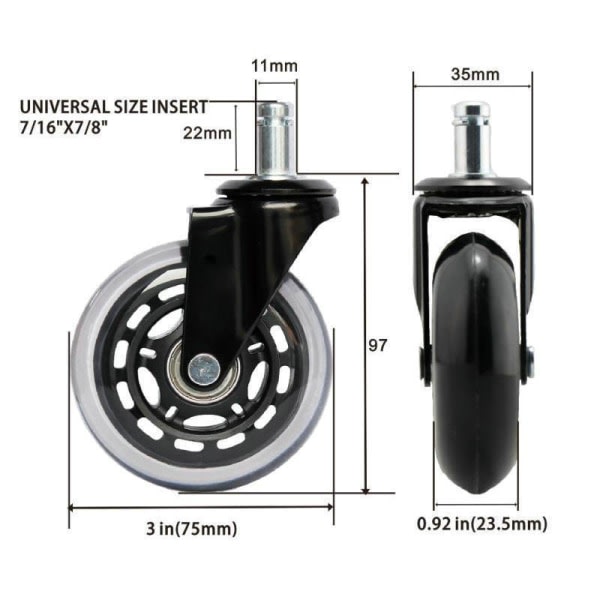 3-tommers svart gjennomsiktig PU-innsatsstang med låsering polyuretanhjul Kontorstol Bossstol Universal (5 stk)