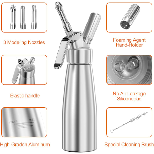 500 ml Gräddsifon/Visp i Aluminium med 3 Dekorationsmunstycken i Rostfritt Stål och 1 Rengöringsborste, Läckagesäker