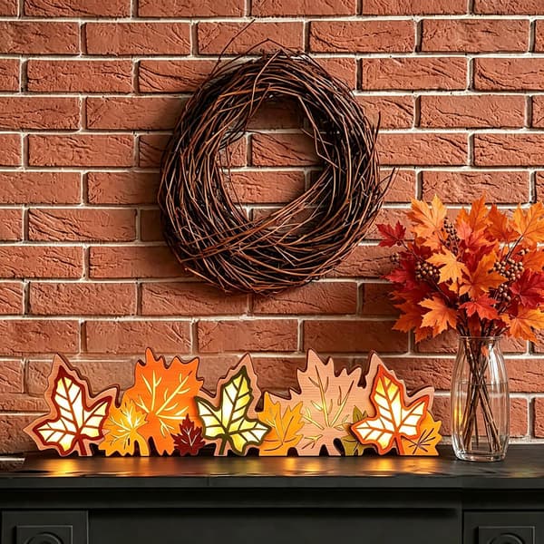 Høstløvdekorasjon i tre med LED-lys og timer, varmt glødende lønnebladdekor til høst og Thanksgiving