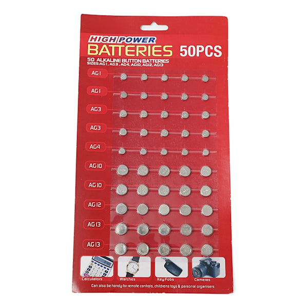 50 st AG1/AG3/AG4/AG10/AG12/AG13 set för klocka Leksak Klocka Kalkylator Blandad Knapp Myntcell Batteri Set