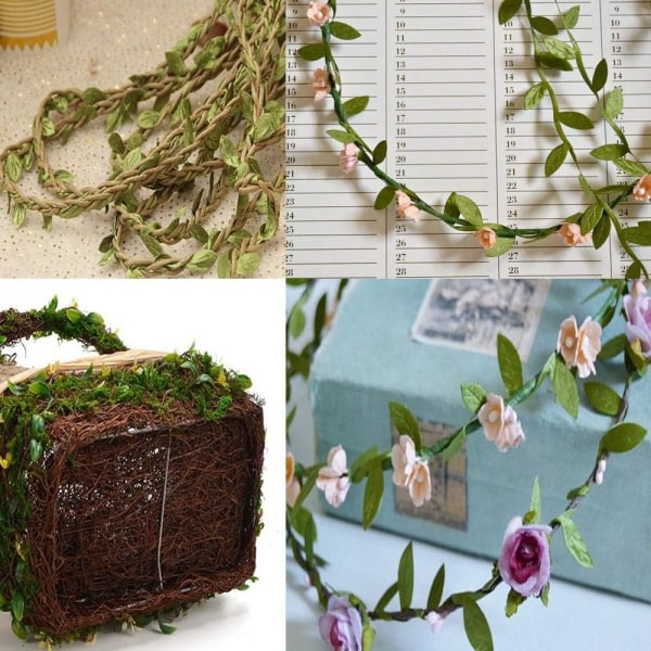 Band, Satinband med gröna blad, bandsnöre för olivblad, konstgjorda gröna löv, kan användas för förpackning jne (grön, 15M, 2 rullar)