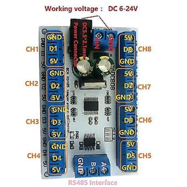 8-kanals Ds18b20 Rs485 Modbus Rtu Temperaturkontrollsensor Fjärr Digital Modul Plc R4dcb08