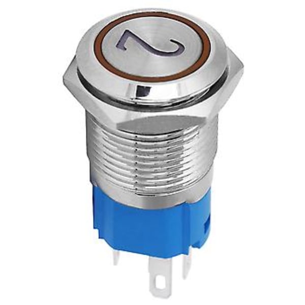 2 ST Platt Självåterställande 5-Pin Metall Tryckknappsbrytare med Lampa & Siffra 2 Symbol, 16mm 220VAC Gul, Idealisk för Kontrollpaneler