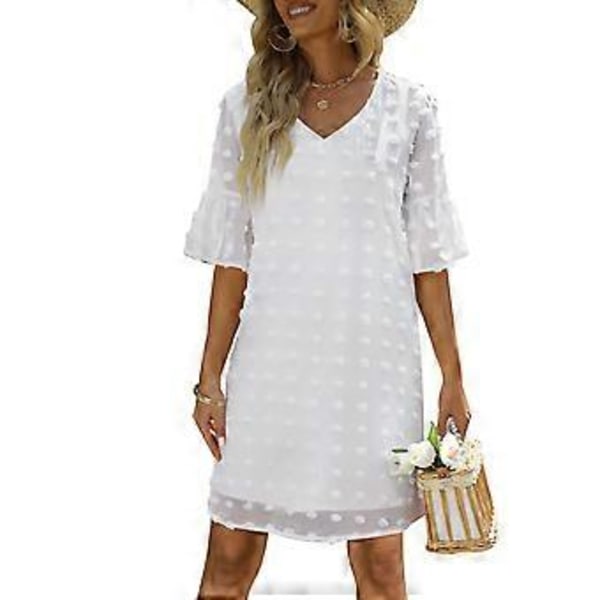 Elegant Vit Prickig Chiffongklänning - V-ringad Volangärm A-linje Sommar Mode, L