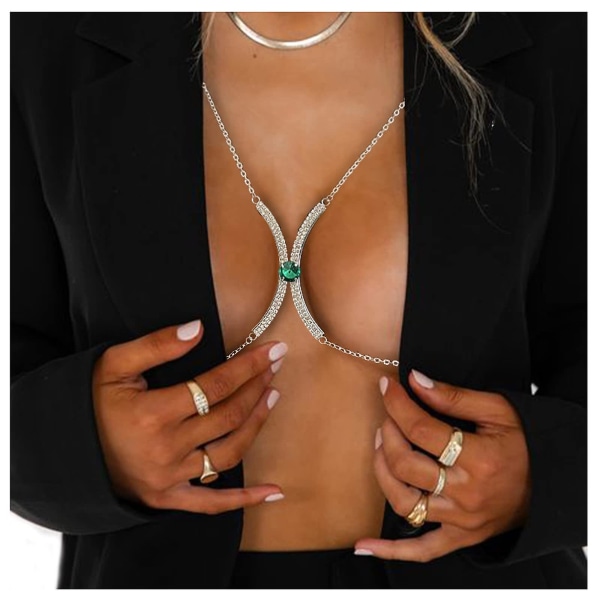 Dame Rhinestone Encrusted Chest Chain Bikini Undertøy Body Jewelry