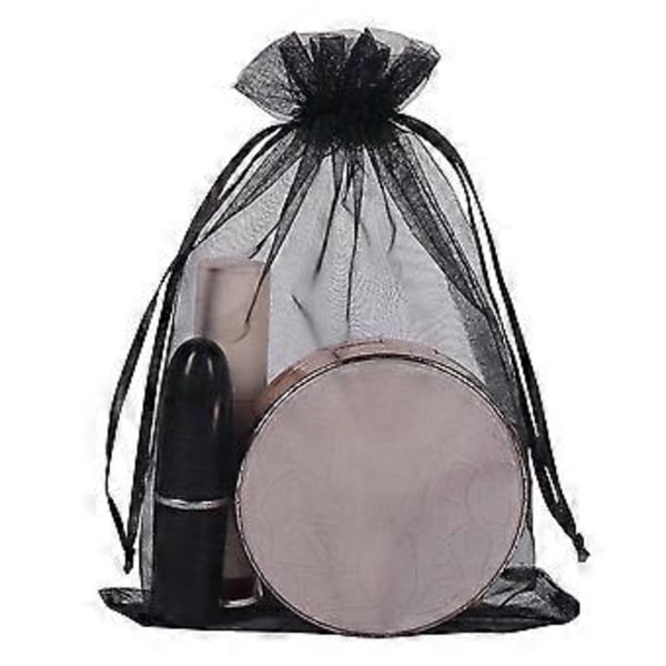 100 STK Sorte Organza Gaveposer 9X12cm, Mesh Bryllupsgaveposer med Snøre til Smykker Makeup Slik Baby Shower