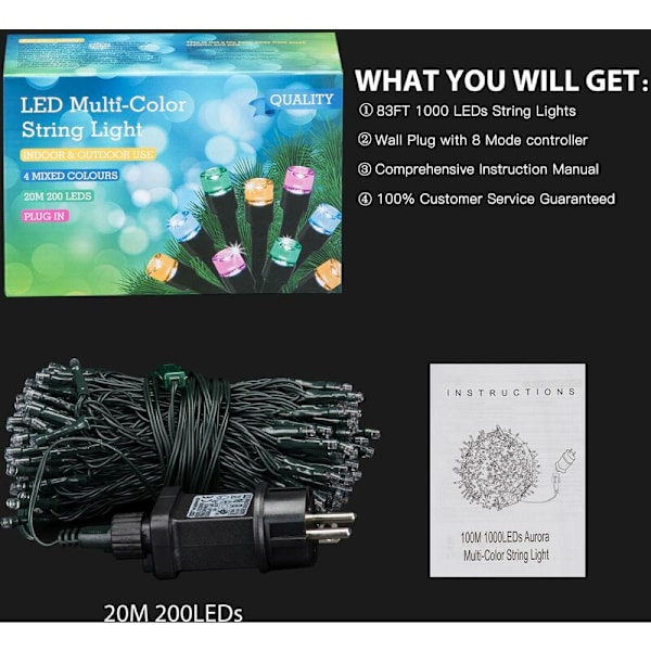 GlobaLink värikkäät LED-valosarjat jouluun, 20M 200 LED-valosarja DIY moniväriset jouluvalot ja 8 tilaa sisä- ja ulkokäyttöön